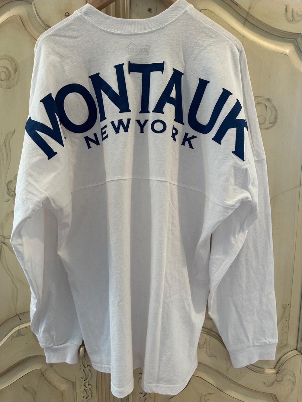Oversized White Long-Sleeve Pullover with Navy Logo